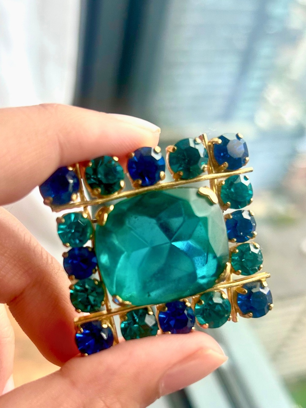Vintage Blue Glass/Crystal Square Statement Brooch